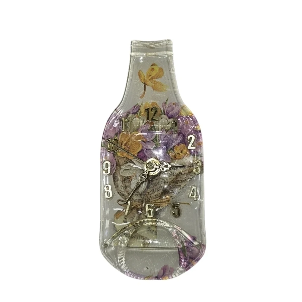 Vtg Fused Glass Recycled Bottle Clock With Flowers Designs 7½